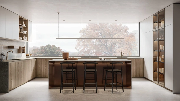 Cucina Design angolare in legno a listelli con isola Thea di Arclinea