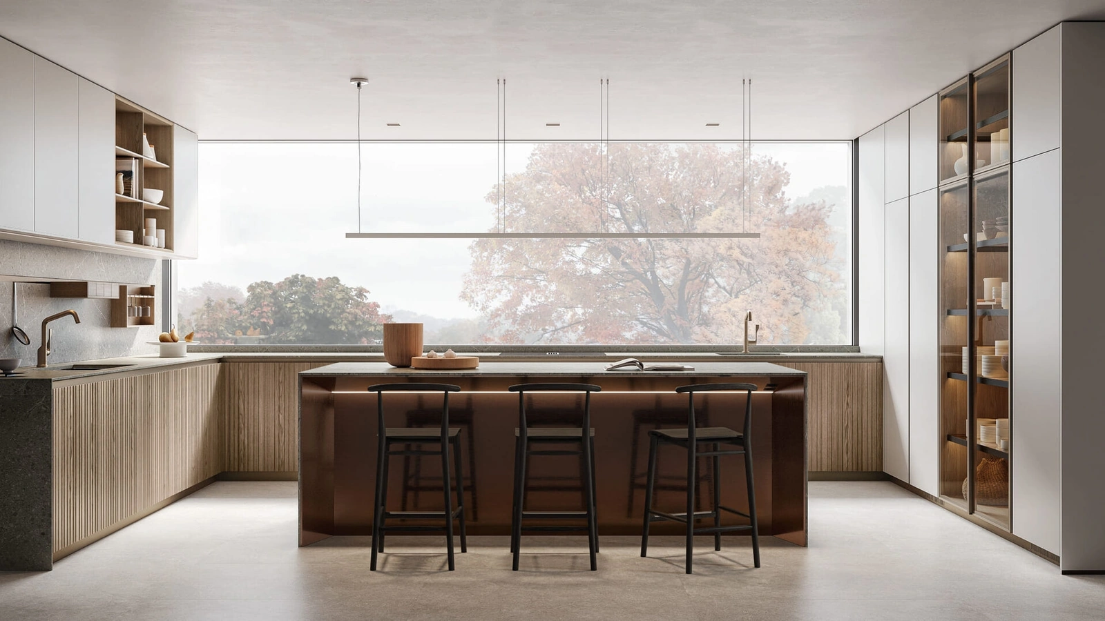 Cucina Design angolare in legno a listelli con isola Thea di Arclinea