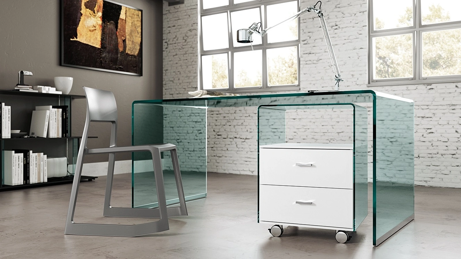 Cassettiera Ufficio Rialto in vetro curvato trasparente con cassetti in legno laccato Bianco di Fiam
